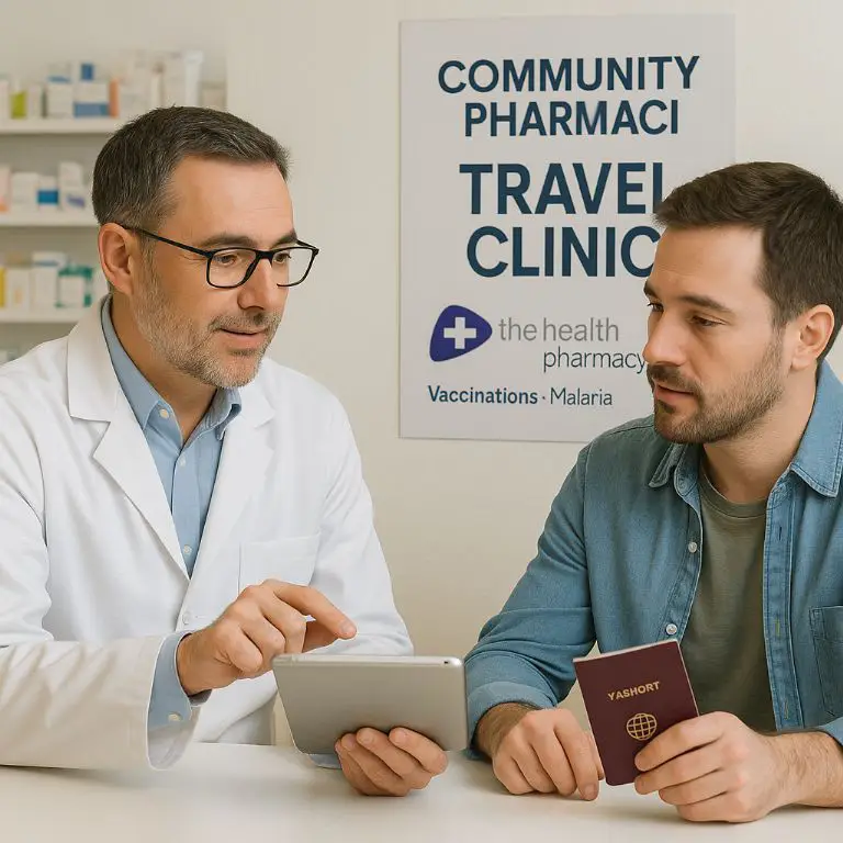 Travel health pharmacist discussing malaria prevention with a traveller
